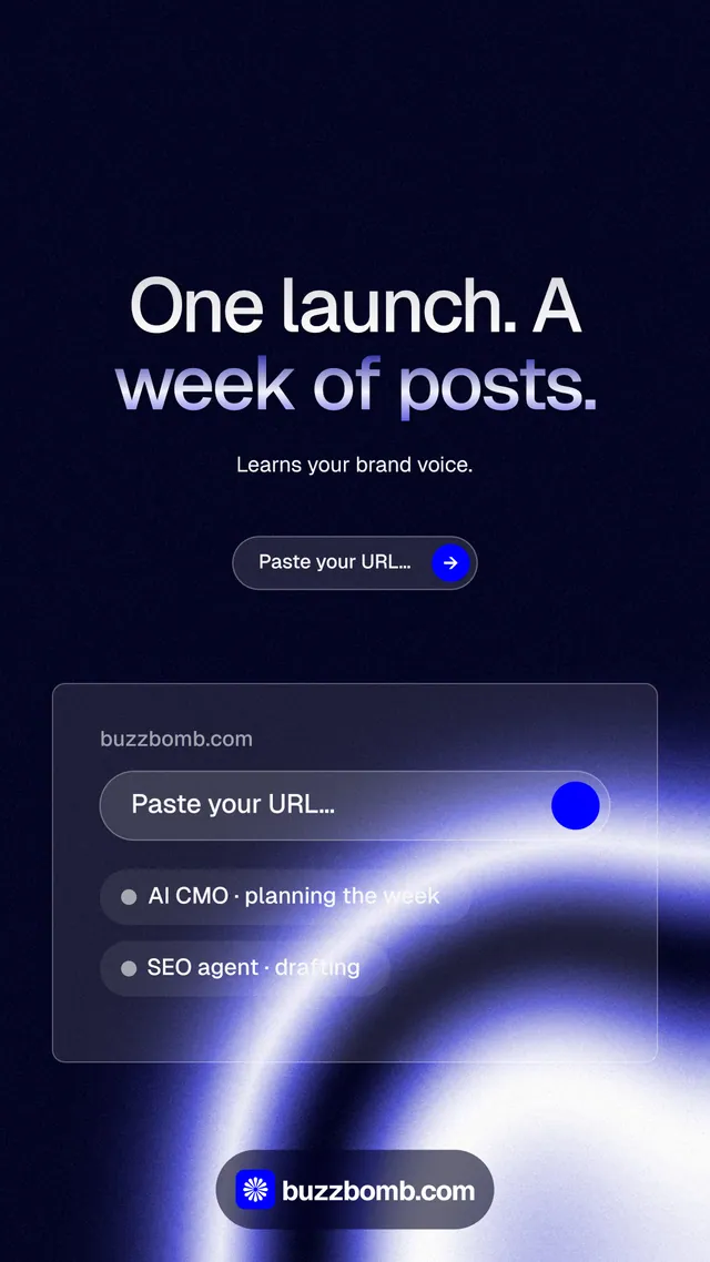 Instagram story for BuzzBomb: "One launch. A week of posts." Agentic glass style, centred layout, dark palette in black, blue.