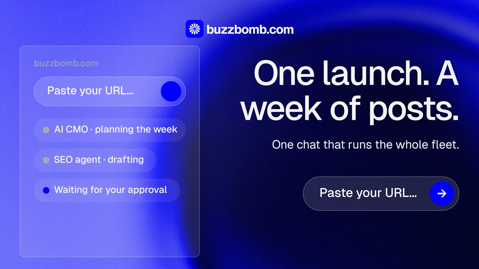Landscape graphic for BuzzBomb: "One launch. A week of posts." Agentic glass style, right layout, dark palette in blue.