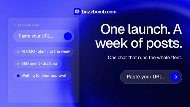 Landscape graphic for BuzzBomb: "One launch. A week of posts." Agentic glass style, right layout, dark palette in blue.
