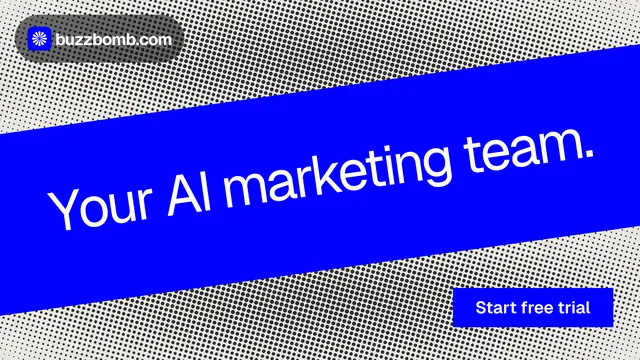 Landscape graphic for BuzzBomb: "Your AI marketing team." Swiss style, diagonal layout, dark palette in blue, grey.