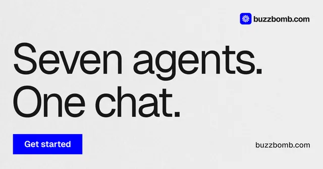 Social ad for BuzzBomb: "Seven agents. One chat." Swiss style, poster layout, light palette in white, grey.