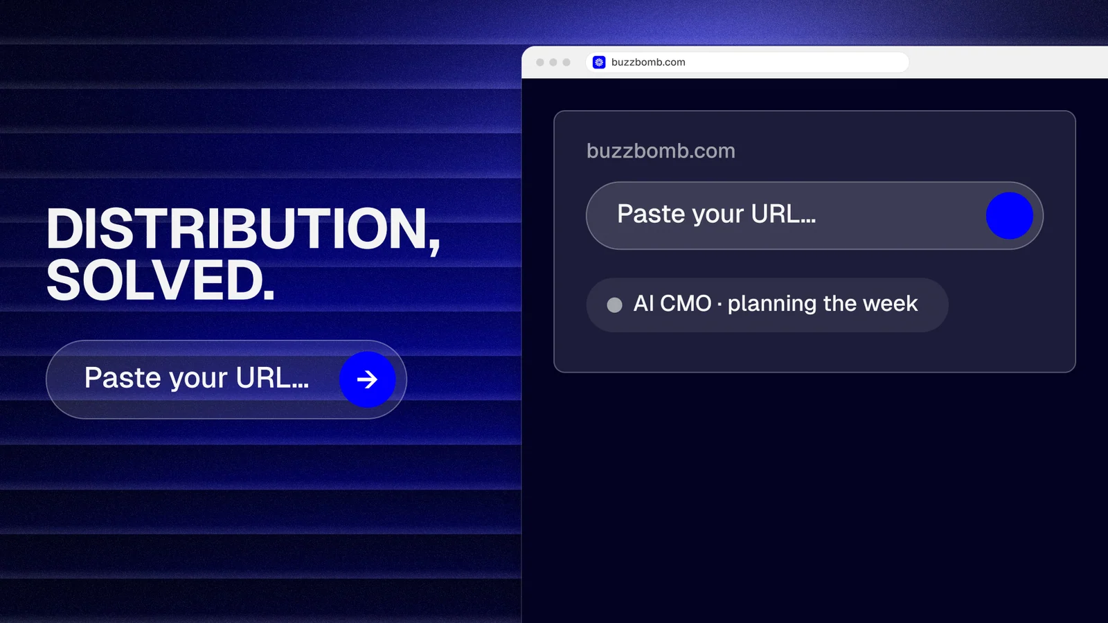 Landscape graphic for BuzzBomb: "Distribution, solved." Agentic glass style, browser layout, dark palette in blue, black.
