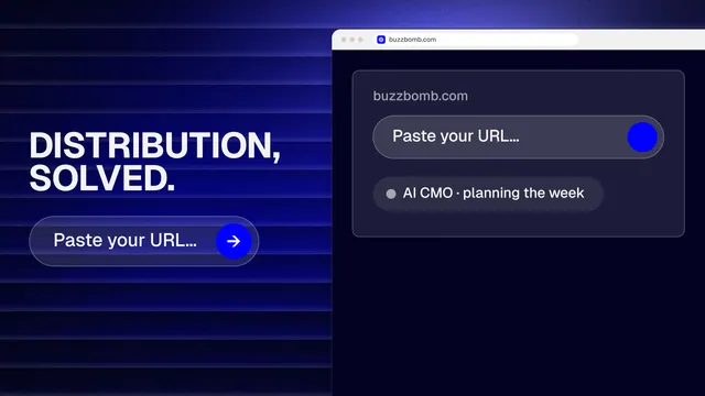 Landscape graphic for BuzzBomb: "Distribution, solved." Agentic glass style, browser layout, dark palette in blue, black.