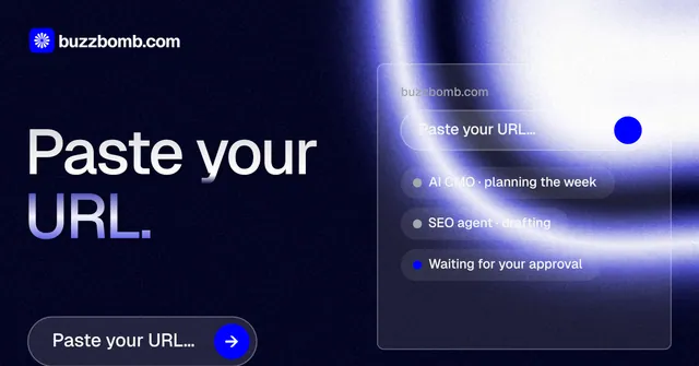 Social ad for BuzzBomb: "Paste your URL." Agentic glass style, bottom layout, dark palette in black, blue.