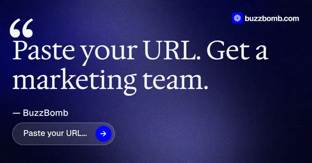 Social ad for BuzzBomb: "Your AI marketing team." Agentic glass style, quote layout, dark palette in black, blue, grey.