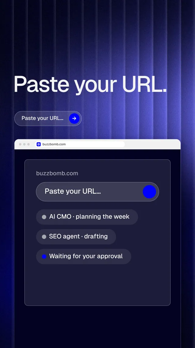 Instagram story for BuzzBomb: "Paste your URL." Agentic glass style, browser layout, dark palette in blue, black.