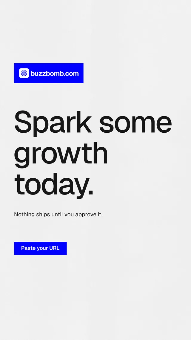 Instagram story for BuzzBomb: "Spark some growth today." Swiss style, announce layout, light palette in white, blue.