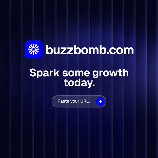 Instagram post for BuzzBomb: "Spark some growth today." Agentic glass style, logo hero layout, dark palette in blue, black.