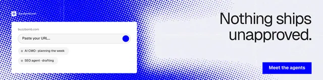 LinkedIn banner for BuzzBomb: "Nothing ships unapproved." Swiss style, right layout, light palette in white, blue.