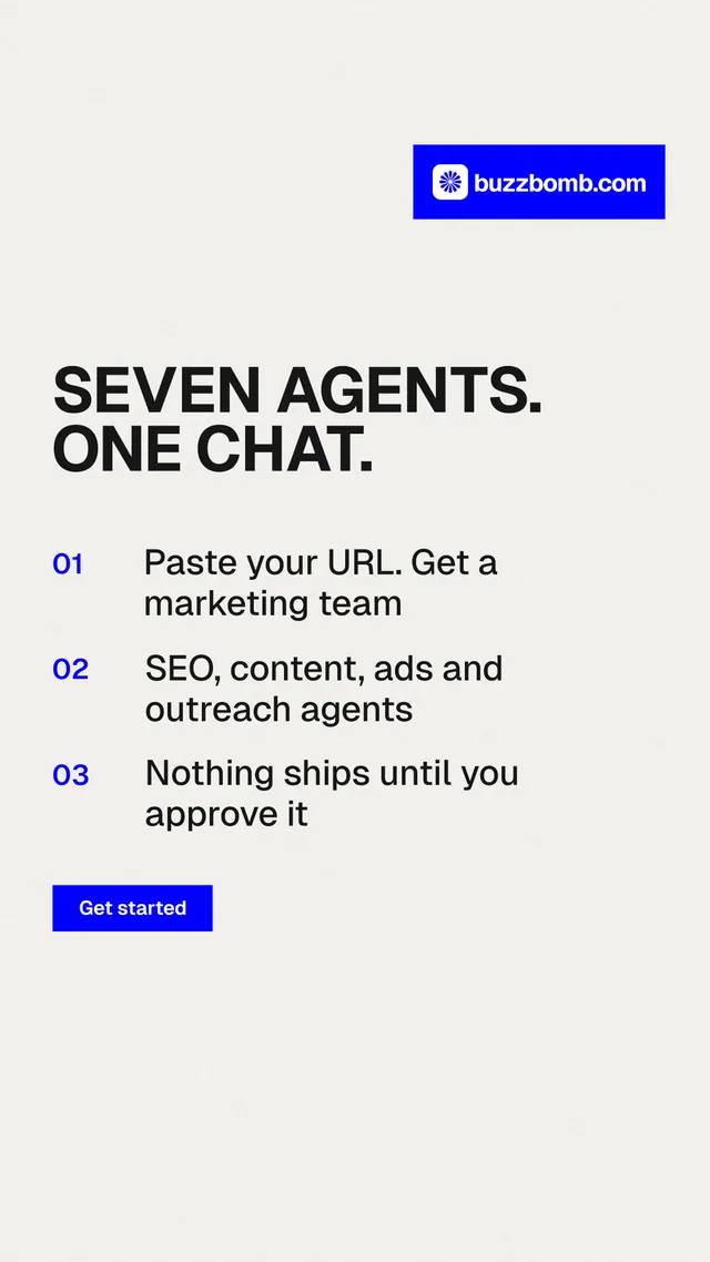 Instagram story for BuzzBomb: "Seven agents. One chat." Swiss style, numbered layout, light palette in white, blue.