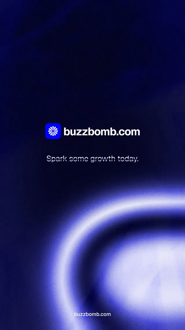 Instagram story for BuzzBomb: "Spark some growth today." Agentic glass style, end card layout, dark palette in black, blue.