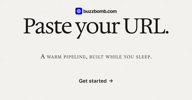 Social ad for BuzzBomb: "Paste your URL." Swiss style, smallcaps layout, light palette in white, grey.