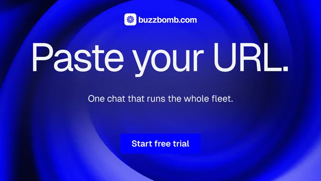 Landscape graphic for BuzzBomb: "Paste your URL." Swiss style, centred layout, dark palette in blue.