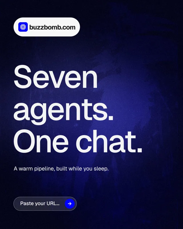 Instagram portrait post for BuzzBomb: "Seven agents. One chat." Agentic glass style, announce layout, dark palette in black, blue, grey.