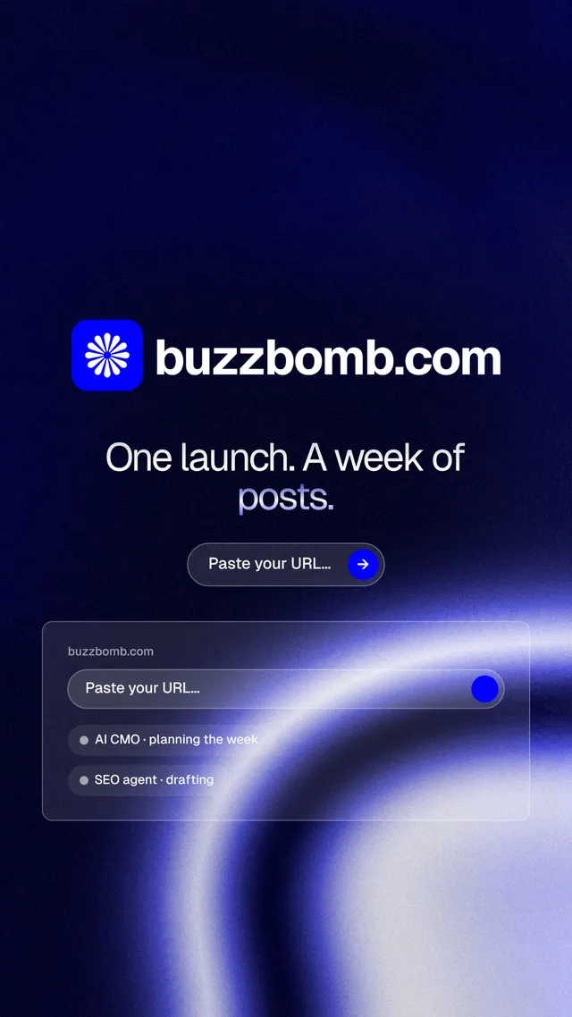 Instagram story for BuzzBomb: "One launch. A week of posts." Agentic glass style, logo hero layout, dark palette in blue, black.