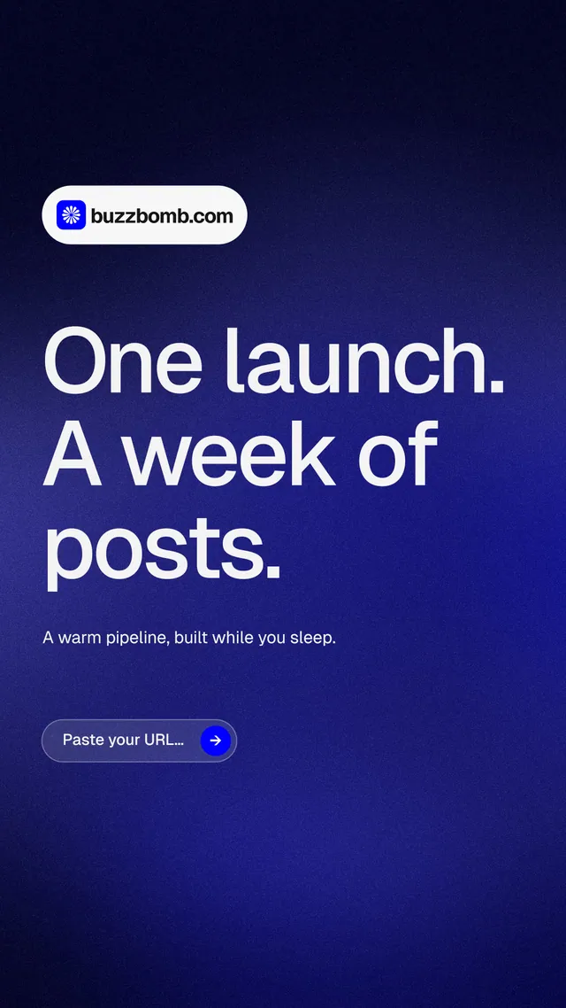 Instagram story for BuzzBomb: "One launch. A week of posts." Agentic glass style, announce layout, dark palette in blue, black.