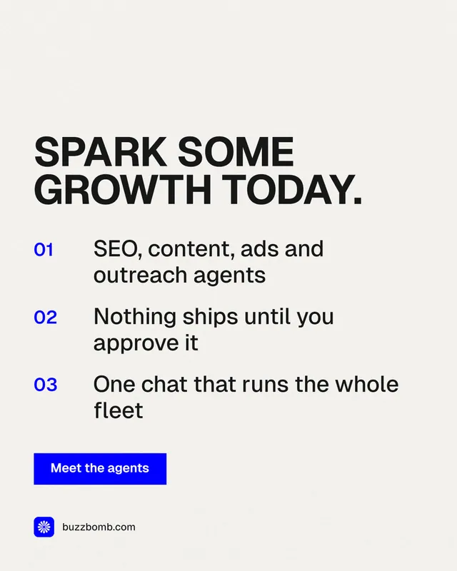 Instagram portrait post for BuzzBomb: "Spark some growth today." Swiss style, numbered layout, light palette in white, grey.