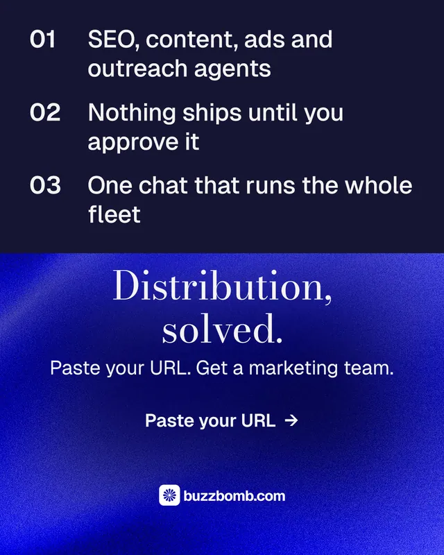 Instagram portrait post for BuzzBomb: "Distribution, solved." Minimal luxury style, skeleton layout, dark palette in blue.
