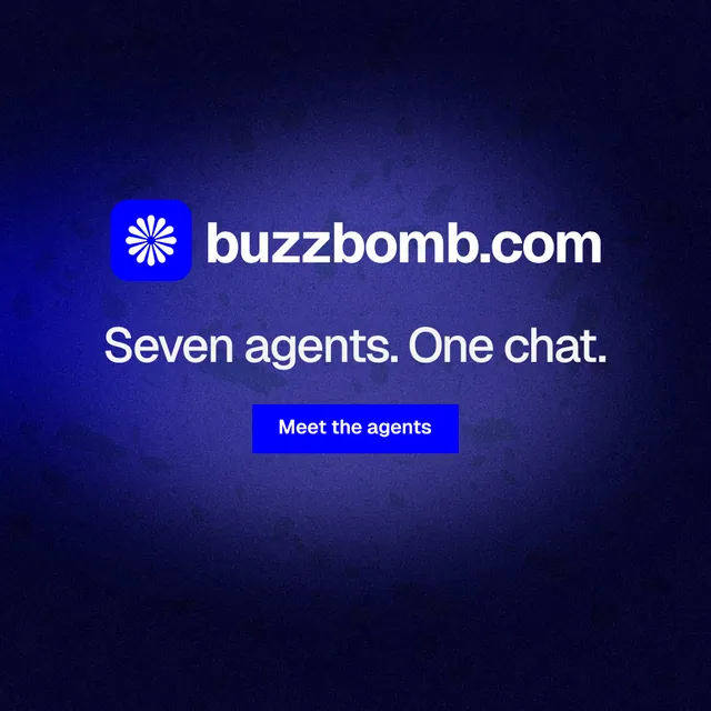 Instagram post for BuzzBomb: "Seven agents. One chat." Swiss style, logo hero layout, dark palette in black, blue.
