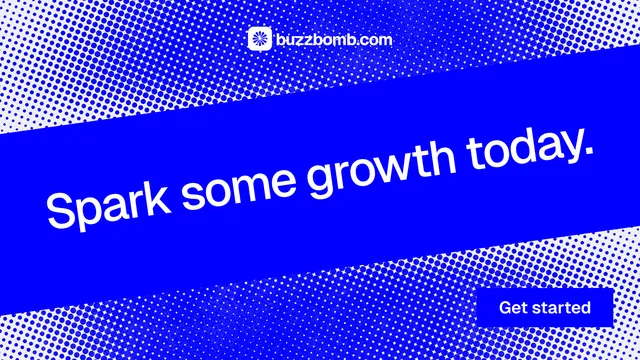 Landscape graphic for BuzzBomb: "Spark some growth today." Swiss style, diagonal layout, dark palette in blue.