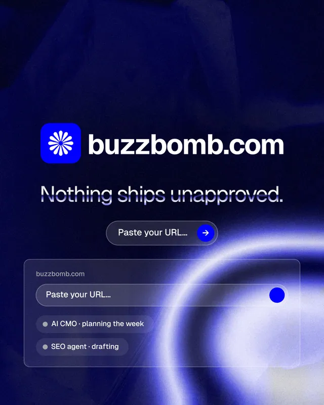 Instagram portrait post for BuzzBomb: "Nothing ships unapproved." Agentic glass style, logo hero layout, dark palette in black, blue.