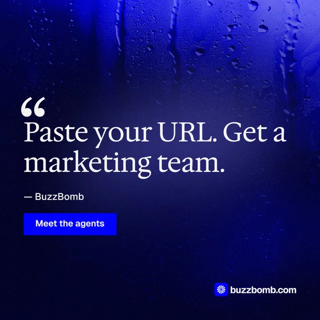 Instagram post for BuzzBomb: "Get a marketing team." Swiss style, quote layout, dark palette in black, blue.