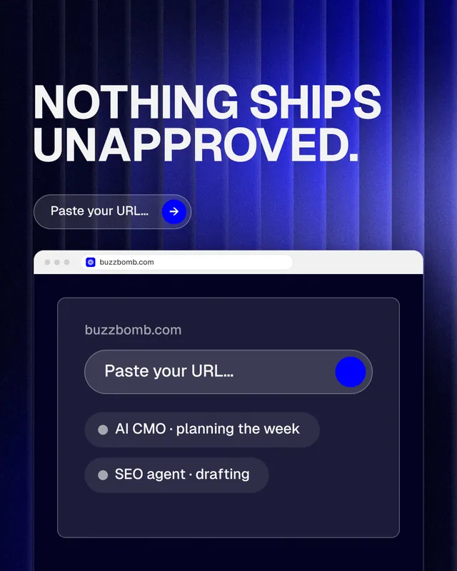 Instagram portrait post for BuzzBomb: "Nothing ships unapproved." Agentic glass style, browser layout, dark palette in blue, black.