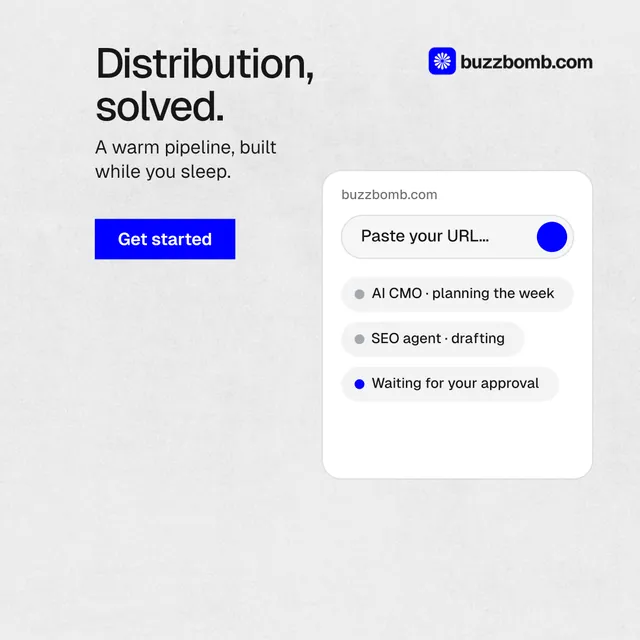 Instagram post for BuzzBomb: "Distribution, solved." Swiss style, skeleton layout, light palette in white, blue.