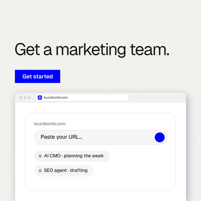 Instagram post for BuzzBomb: "Get a marketing team." Swiss style, browser layout, light palette in white.