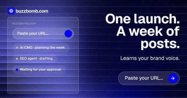 Social ad for BuzzBomb: "One launch. A week of posts." Agentic glass style, right layout, dark palette in black, blue.