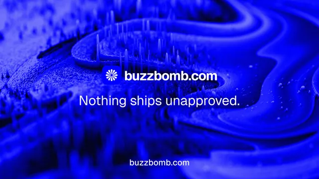 Landscape graphic for BuzzBomb: "Nothing ships unapproved." Swiss style, end card layout, dark palette in blue.