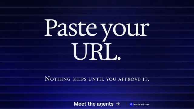 Landscape graphic for BuzzBomb: "Paste your URL." Agentic glass style, smallcaps layout, dark palette in black, blue.
