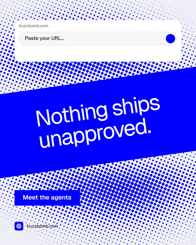 Instagram portrait post for BuzzBomb: "Nothing ships unapproved." Swiss style, diagonal layout, light palette in blue, white.