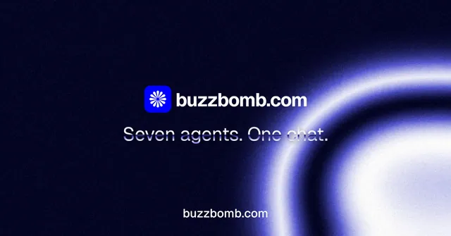 Social ad for BuzzBomb: "Seven agents. One chat." Agentic glass style, end card layout, dark palette in black, blue.