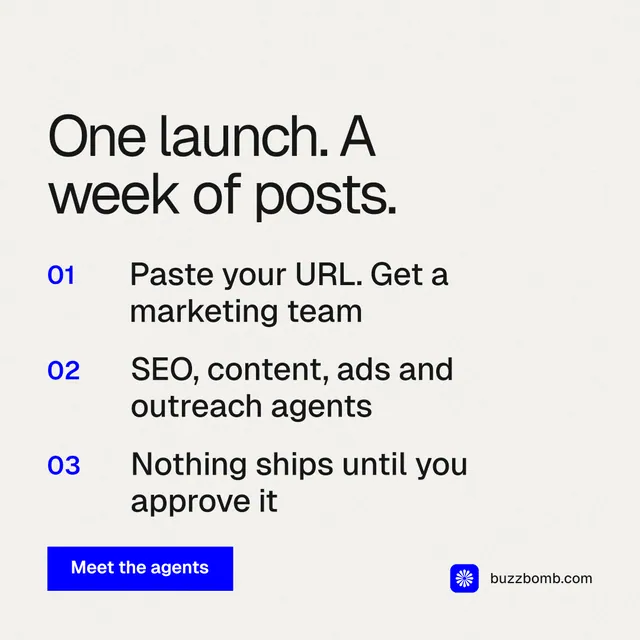 Instagram post for BuzzBomb: "One launch. A week of posts." Swiss style, numbered layout, light palette in white.