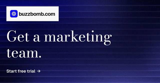 Social ad for BuzzBomb: "Get a marketing team." Minimal luxury style, announce layout, dark palette in black, blue, grey.