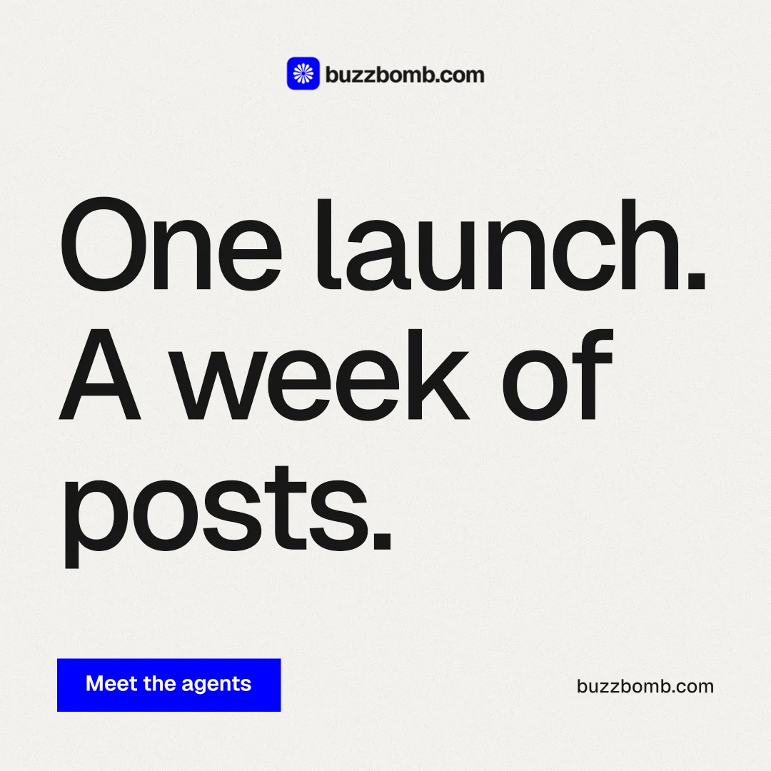 Instagram post for BuzzBomb: "One launch. A week of posts." Swiss style, poster layout, light palette in white, grey.