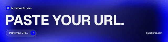 LinkedIn banner for BuzzBomb: "Paste your URL." Agentic glass style, poster layout, dark palette in blue.