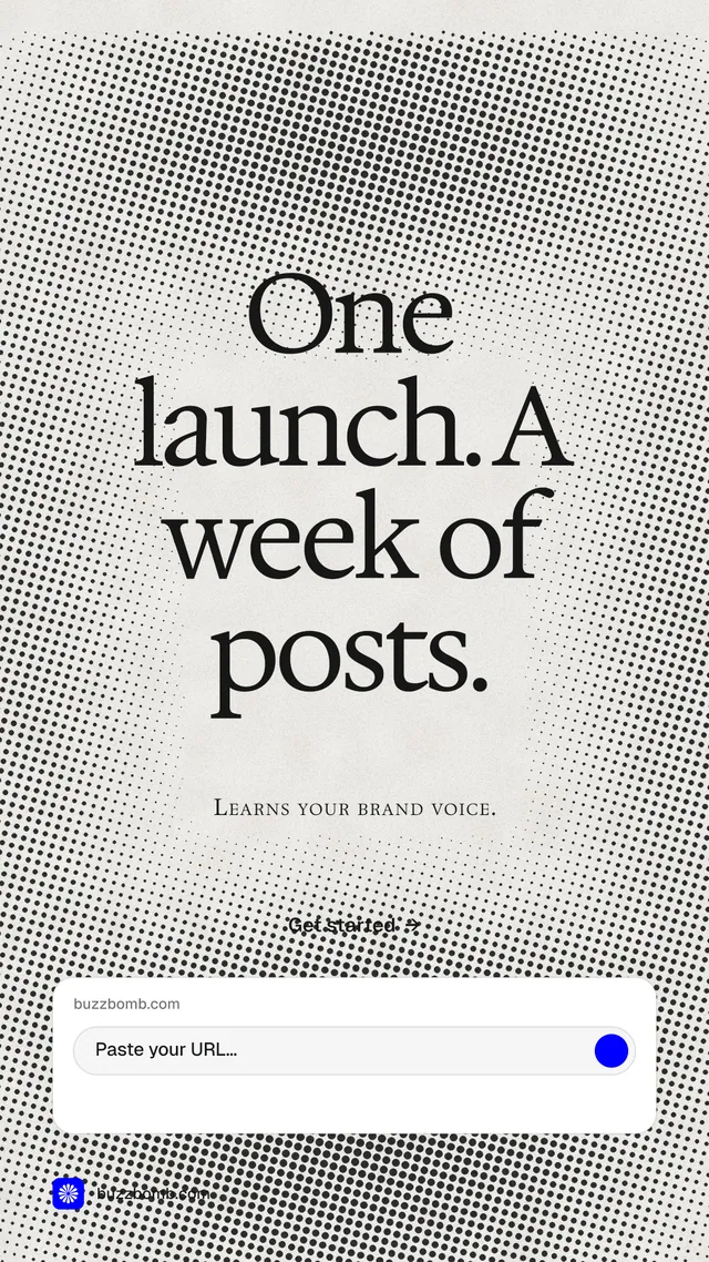 Instagram story for BuzzBomb: "One launch. A week of posts." Swiss style, smallcaps layout, light palette in grey, white.