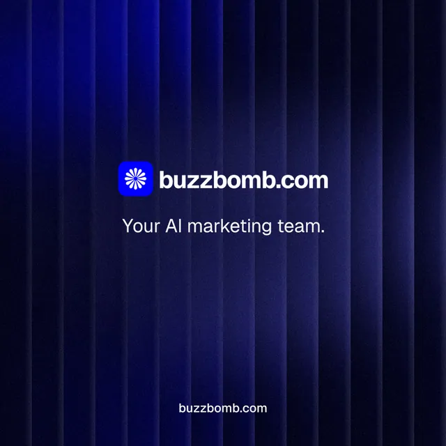 Instagram post for BuzzBomb: "Your AI marketing team." Agentic glass style, end card layout, dark palette in black, blue.