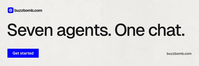 X header for BuzzBomb: "Seven agents. One chat." Swiss style, poster layout, light palette in white, grey.