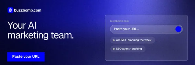 X header for BuzzBomb: "Your AI marketing team." Swiss style, bottom layout, dark palette in blue.
