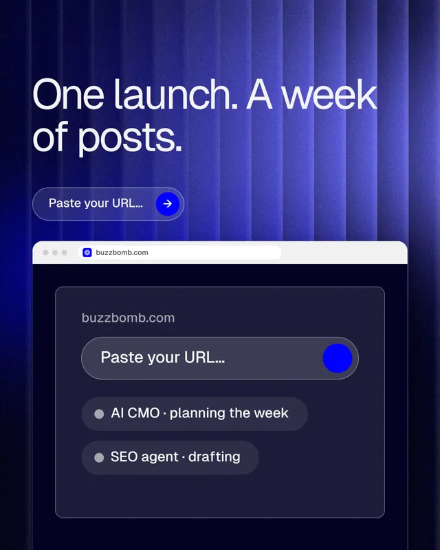 Instagram portrait post for BuzzBomb: "One launch. A week of posts." Agentic glass style, browser layout, dark palette in blue, black.