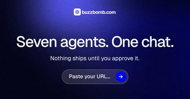 Social ad for BuzzBomb: "Seven agents. One chat." Agentic glass style, skeleton layout, dark palette in blue, black.