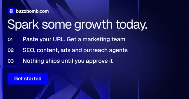 Social ad for BuzzBomb: "Spark some growth today." Swiss style, numbered layout, dark palette in black, blue.