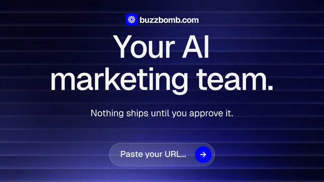 Landscape graphic for BuzzBomb: "Your AI marketing team." Agentic glass style, centred layout, dark palette in blue, black, grey.