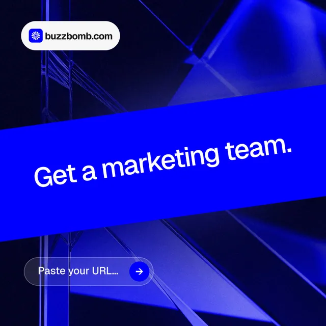 Instagram post for BuzzBomb: "Get a marketing team." Agentic glass style, diagonal layout, dark palette in blue.