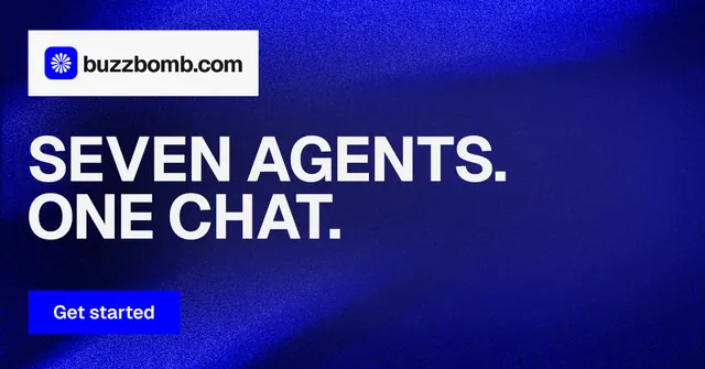 Social ad for BuzzBomb: "Seven agents. One chat." Swiss style, announce layout, dark palette in blue, grey.