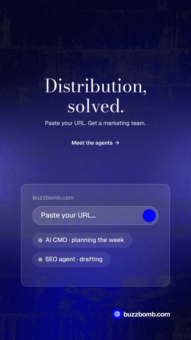 Instagram story for BuzzBomb: "Distribution, solved." Minimal luxury style, centred layout, dark palette in black, blue.