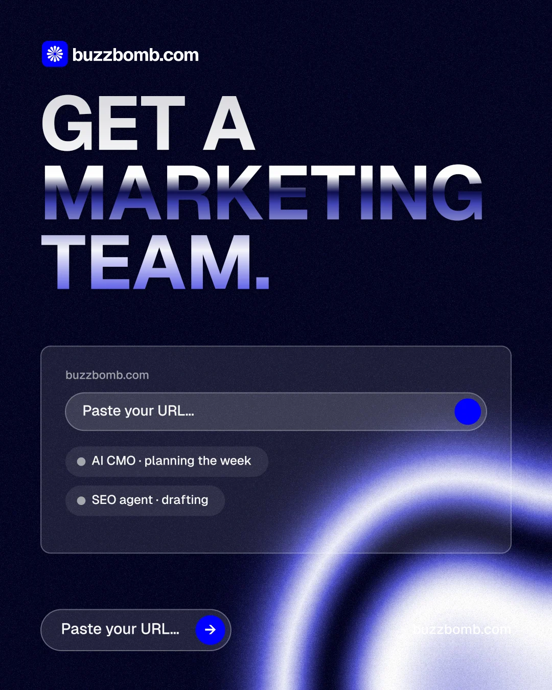 Instagram portrait post for BuzzBomb: "Get a marketing team." Agentic glass style, poster layout, dark palette in black, blue.